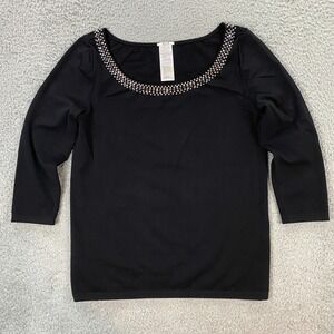 Wolford Top Womens size Large Rhinestone Jewel Stretch Boat Neck 3/4 Sleeve